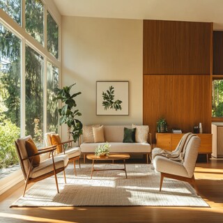 Mid-Century Modern Living Room Design with Wooden and Upholstered Furniture